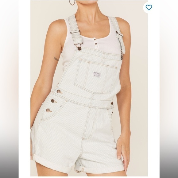 LEVI’S Vintage Style Denim Shortall NWT Stripey Blue Overall Shorts - Picture 4 of 9